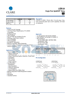 LCB120S datasheet - Single Pole OptoMOS Relay