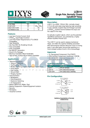 LCB111S datasheet - Single Pole, Normally Closed OptoMOS Relay