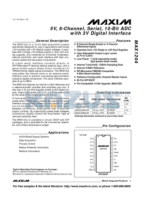MAX1204BEPP datasheet - 5v, 8-cHANNEL, sERIAL, 10-bIT adc WITH 3v dIGITAL iNTERFACE
