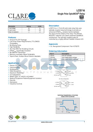 LCB716 datasheet - Single Pole OptoMOS^ Relay