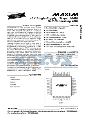 MAX1205 datasheet - 5v sINGLE-sUPPLY, 1mSPS, 14-bIT sELF-cALIBRATING adc