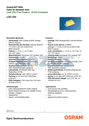 LCBL283-N2Q1-AC-1 datasheet - SmartLED^ 0603 Color on demand: blue Lead (Pb) Free Product - RoHS Compliant
