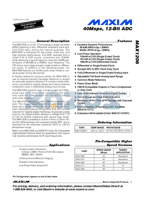 MAX1211 datasheet - 40Msps, 12-Bit ADC