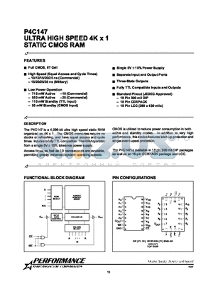 P4C147-10DC datasheet - ULTRA HIGH SPEED 4K x 1 STATIC CMOS RAM