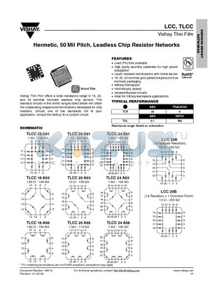 LCC20AE1001DT3 datasheet - Hermetic, 50 Mil Pitch, Leadless Chip Resistor Networks