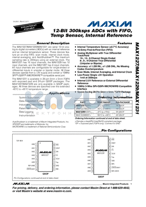 MAX1227BEEE datasheet - 12-Bit 300ksps ADCs with FIFO, Temp Sensor, Internal Reference