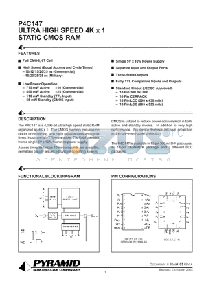 P4C147-12LSC datasheet - ULTRA HIGH SPEED 4K x 1 STATIC CMOS RAM