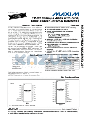 MAX1227BEEE-T datasheet - 12-Bit 300ksps ADCs with FIFO, Temp Sensor, Internal Reference