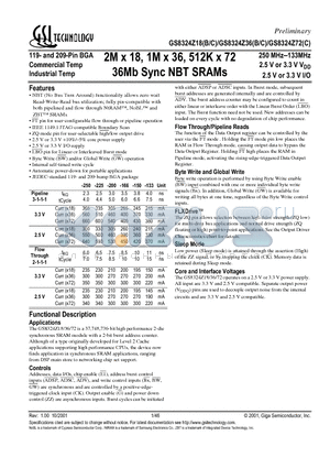 GS8324Z18C-166I datasheet - 2M x 18, 1M x 36, 512K x 72 36Mb Sync NBT SRAMs