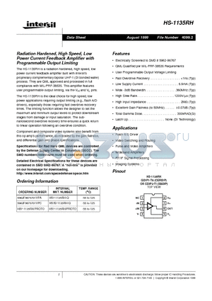 HS7-1135RHPROTO datasheet - Radiation Hardened, High Speed, Low Power Current Feedback Amplifier with Programmable Output Limiting