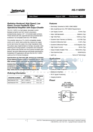 HS7-1145RH-Q datasheet - Radiation Hardened, High Speed, Low Power, Current Feedback Video Operational Amplifier with Output Disable