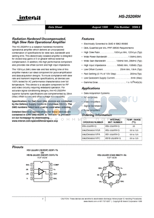 HS7-2520RH-Q datasheet - Radiation Hardened Uncompensated, High Slew Rate Operational Amplifier