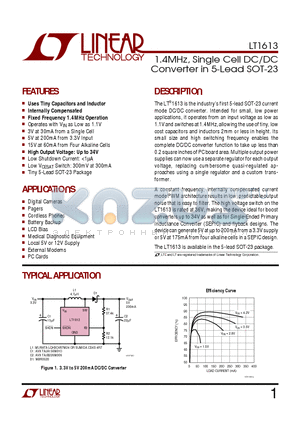LT1613 datasheet - 1.4MHz, Single Cell DC/DC Converter in 5-Lead SOT-23