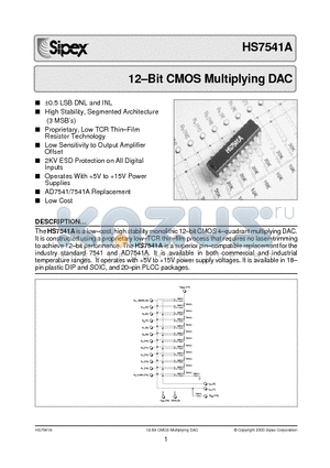 HS7541AKS datasheet - 12-Bit CMOS Multiplying DAC