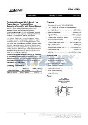 HS7B-1145RH-Q datasheet - Radiation Hardened, High Speed, Low Power, Current Feedback Video Operational Amplifier with Output Disable