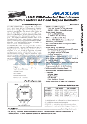 MAX1234 datasheet - a15kV ESD-Protected Touch-Screen Controllers Include DAC and Keypad Controller