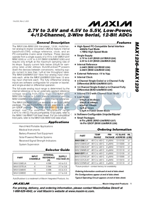 MAX1237EUA datasheet - 2.7V to 3.6V and 4.5V to 5.5V, Low-Power, 4-/12-Channel, 2-Wire Serial, 12-Bit ADCs