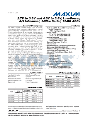 MAX1238EEE+ datasheet - 2.7V to 3.6V and 4.5V to 5.5V, Low-Power, 4-/12-Channel, 2-Wire Serial, 12-Bit ADCs