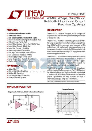 LT1633 datasheet - 45MHz, 45V/us, Dual/Quad Rail-to-Rail Input and Output Precision Op Amps