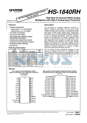 HS9-1840RH/PROTO datasheet - Rad-Hard 16 Channel CMOS Analog Rad-Hard 16 Channel CMOS Analog