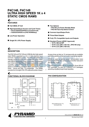 P4C148 datasheet - ULTRA HIGH SPEED 1K x 4 STATIC CMOS RAMS