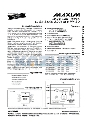 MAX1240BEPA datasheet - 2.7V, Low-Power, 12-Bit Serial ADCs in 8-Pin SO