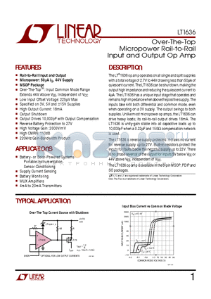 LT1636 datasheet - Over-The-Top Micropower Rail-to-Rail Input and Output Op Amp