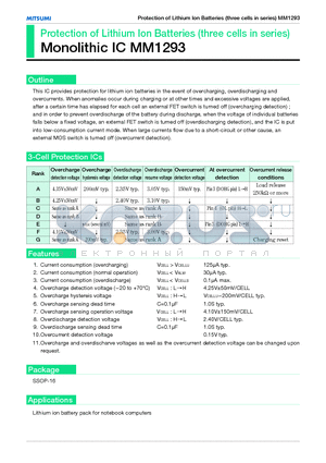 MM1293 datasheet - Protection of Lithium Ion Batteries (three cells in series)