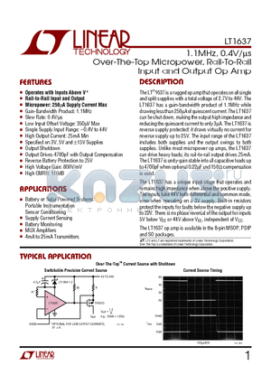 LT1637 datasheet - 1.1MHz, 0.4V/us Over-The-Top Micropower, Rail-To-Rail Input and Output Op Amp