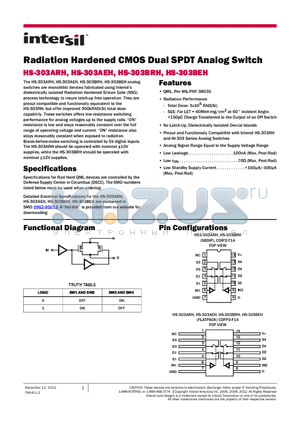 HS9-303BRH-8 datasheet - Radiation Hardened CMOS Dual SPDT Analog Switch