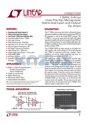 LT1638HS8 datasheet - 1.2MHz, 0.4V/ls Over-The-Top Micropower Rail-to-Rail Input and Output Op Amps