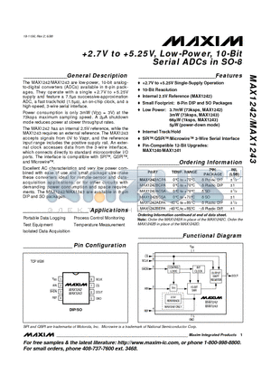 MAX1242 datasheet - 2.7V to %.25V, Low-Power, 10-Bit Serial ADCs in SO-8