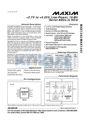 MAX1243ACSA datasheet - 2.7V to %.25V, Low-Power, 10-Bit Serial ADCs in SO-8