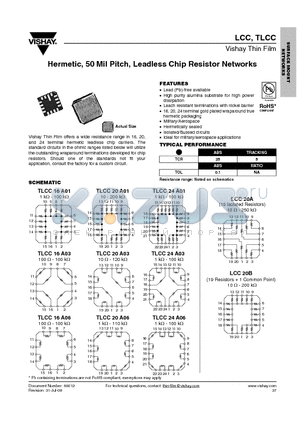 LCC20AM1000GT0 datasheet - Hermetic, 50 Mil Pitch, Leadless Chip Resistor Networks