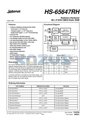 HS9-65647RH-8 datasheet - Radiation Hardened 8K x 8 SOS CMOS Static RAM