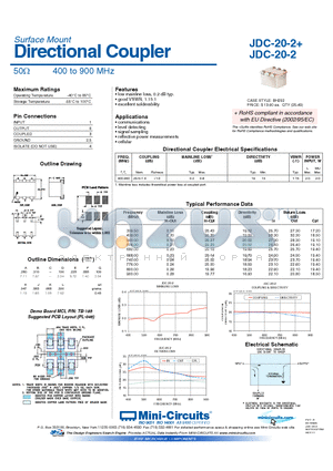 JDC-20-2 datasheet - Directional Coupler 50Y 400 to 900 MHz