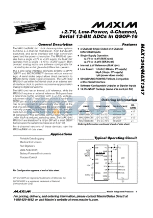 MAX1246AEEE datasheet - 2.7V, Low-Power, 4-Channel, Serial 12-Bit ADCs in QSOP-16