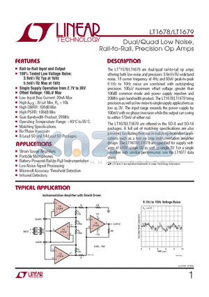 LT1679 datasheet - Dual/Quad Low Noise, Rail-to-Rail, Precision Op Amps