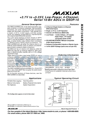 MAX1249AEEE datasheet - 2.7V to 5.25V, Low-Power, 4-Channel, Serial 10-Bit ADCs in QSOP-16