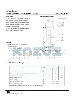 MVL-302B3A datasheet - DUAL COLOR INDICATOR LAMP