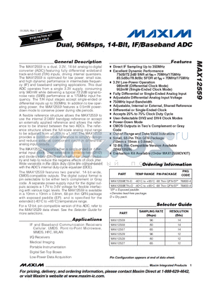 MAX12559ETK-D datasheet - Dual, 96Msps, 14-Bit, IF/Baseband ADC