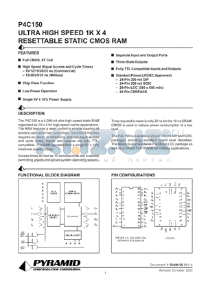 P4C150-10DMB datasheet - ULTRA HIGH SPEED 1K X 4 RESETTABLE STATIC CMOS RAM