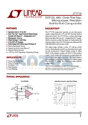 LT1716 datasheet - SOT-23, 44V, Over-The-Top, Micropower, Precision Rail-to-Rail Comparator