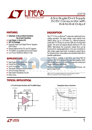 LT1719 datasheet - 4.5ns Single/Dual Supply 3V/5V Comparator with Rail-to-Rail Output