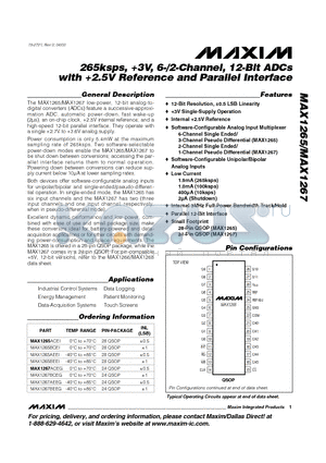 MAX1265 datasheet - 265ksps, 3V, 6-/2-Channel, 12-Bit ADCs with 2.5V Reference and Parallel Interface