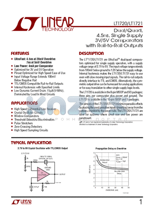 LT1721 datasheet - Dual/Quad, 4.5ns, Single Supply 3V/5V Comparators with Rail-to-Rail Outputs