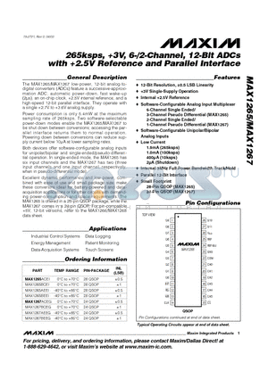 MAX1265AEEI datasheet - 265ksps, 3V, 6-/2-Channel, 12-Bit ADCs with 2.5V Reference and Parallel Interface