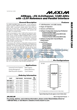 MAX1266ACEI datasheet - 420ksps, 5V, 6-/2-Channel, 12-Bit ADCs with 2.5V Reference and Parallel Interface