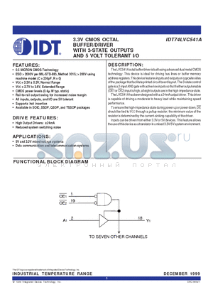 IDT74LVC541A datasheet - 3.3V CMOS OCTAL BUFFER/DRIVER WITH 3-STATE OUTPUTS AND 5 VOLT TOLERANT I/O
