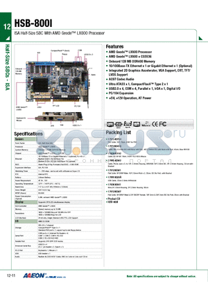 HSB-800I datasheet - ISA Half-Size SBC With AMD Geode LX800 Processor